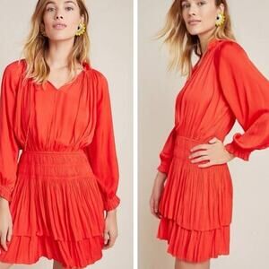 NEW Anthropologie Current Air Cecile Smocked Mini Dress Poppy Red Size Small